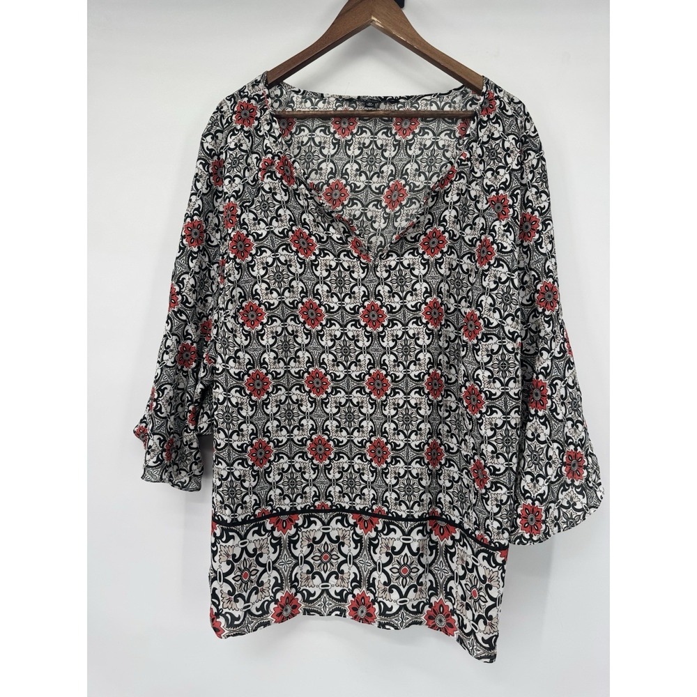 Zac & Rachel Blouse White Geometric V-Neck Bell Sleeve Casual plus size 2X boho
